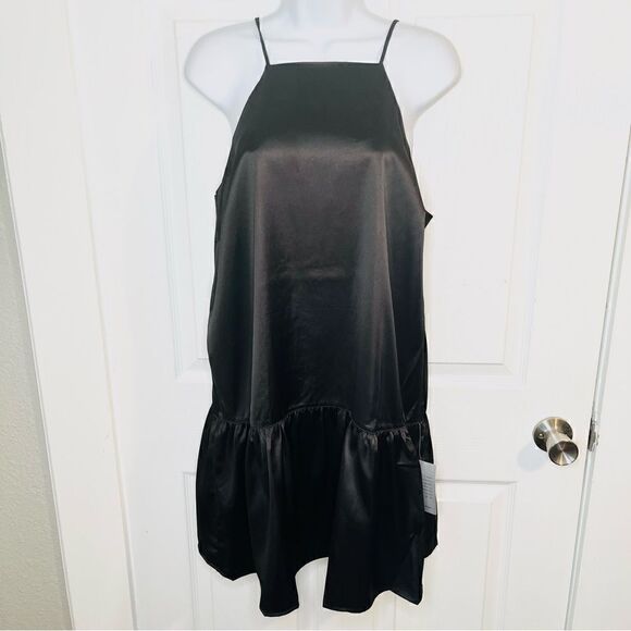 Maisie Monti Tiered Slip Dress Mini Satin Square Neck Drop Waist LBD Black M - Picture 4 of 11